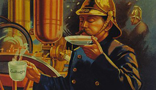 A poster depicting a man enjoying hot cocoa from a steam engine, showcasing history.