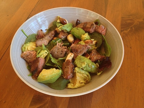 Man manly steak beef avocado lettuce.