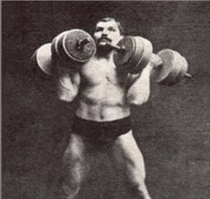 A vintage photo showcasing a man exerting his strength by firmly grasping two dumbbells.