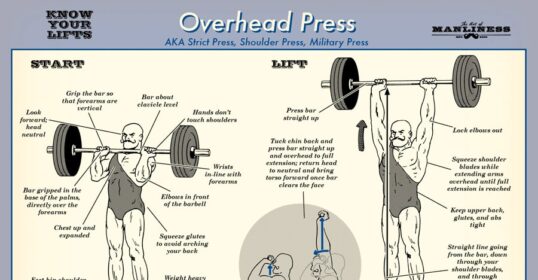 A diagram illustrating the proper technique for performing the overhead press, one of the fundamental lifts in weightlifting.