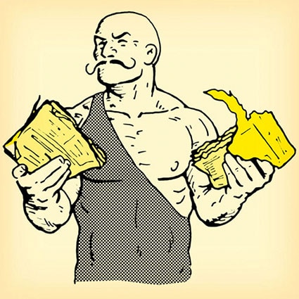 Old time strongman holding ripped torn phone book illustration.