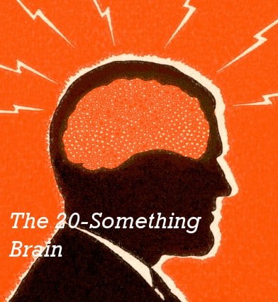 20-something brain orange illustration lightning bolts.