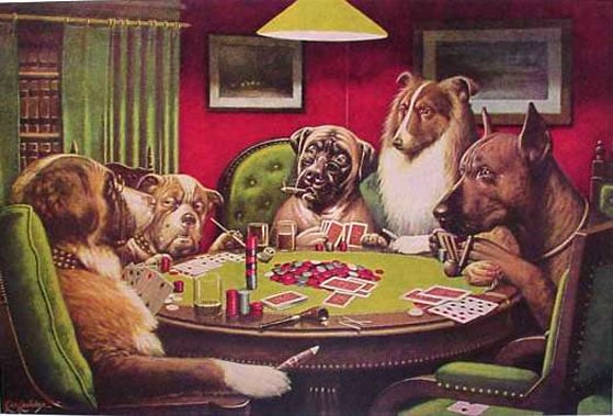 Dogs playing poker "A Bold Bluff" C.M. Coolidge painting.