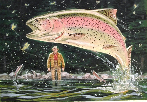 C.E. Monroe trout jumping out of water fisherman behind.