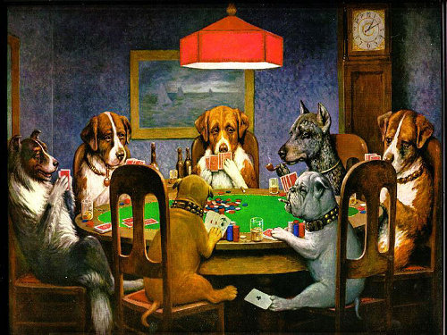 Dogs playing poker a friend in need painting C.M. Coolidge.