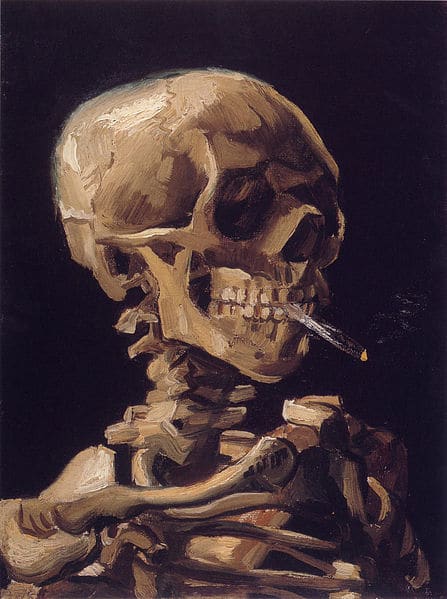 Vincent Van Gogh skull with burning cigarette painting.