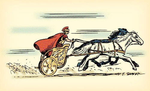 Illustration of chariot race Roman man pushing on white and black horses. 