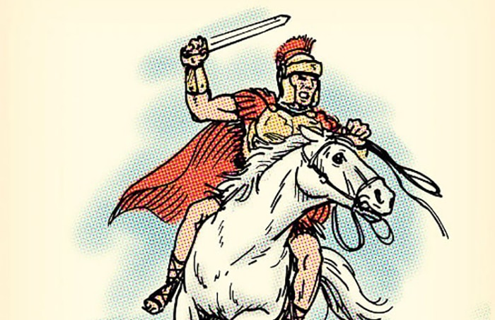 An illustrated roman soldier on horseback, brandishing a sword with thumos and wearing a cape.