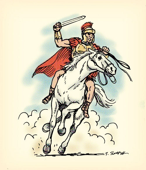 Illustration of ancient roman warrior on white horse with sword. 