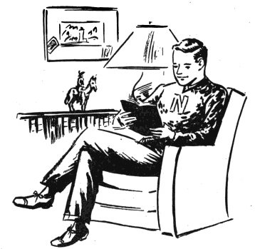 Vintage young man sitting in comfortable chair reading illustration.