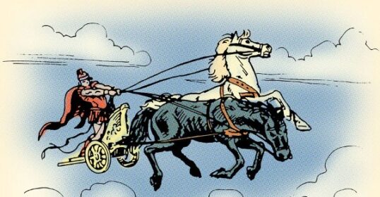 In this allegory, a majestic horse effortlessly pulls a chariot through the expansive sky.