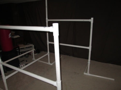 Step 14: Place your next cross beam (4 foot PVC pipe) into both ends of the open T sections. 