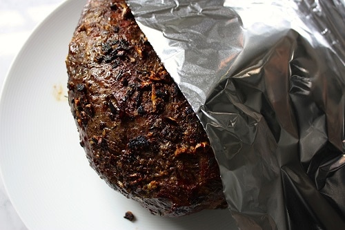 Once desired temperature is reached, remove meat from oven and place on a plate, tented with foil. This ‘resting’ process will allow the juices to redistribute into the meat – it will also keep cooking, raising the temperature, on average, by 5 degrees. Allow to rest for 10 minutes.