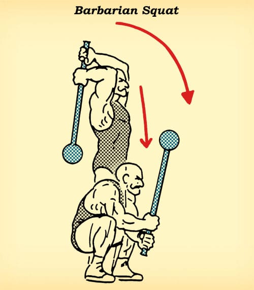 Steel mace barbarian squat workout how to diagram illustration.