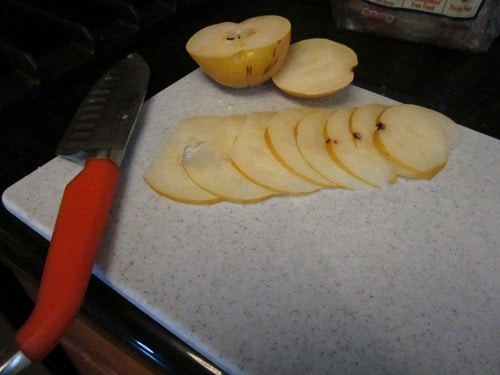 I've never had an Asian pear before, and honestly, I didn't notice a huge difference. I thinly sliced just under half the pear for this sandwich.