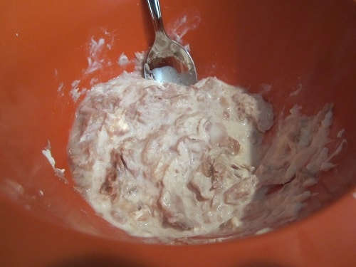 Mix in mayo. There wasn't a specified amount, but I went with about 5 tablespoons, and it was perfect.
