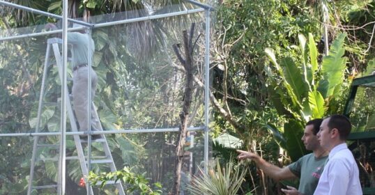 A Foreign Service Officer and a diplomat standing next to a cage in a garden.
