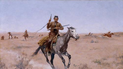 A manly painting of a horseback rider in the desert.
