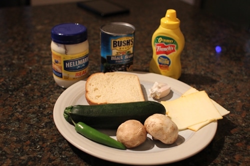 Vintage ingredients for veggie black bean sandwich.