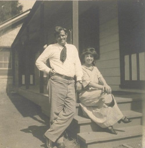 Jack london and wife mate-woman Charmian on front porch