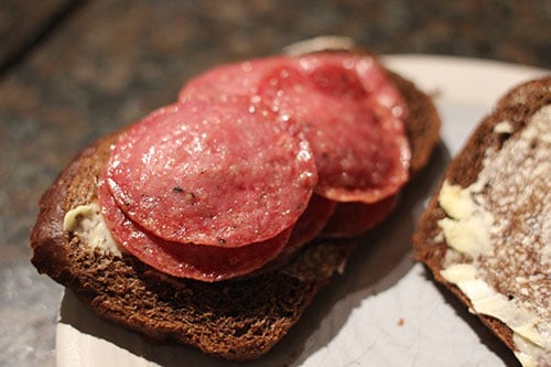 Vintage fry salami on bread illustration.