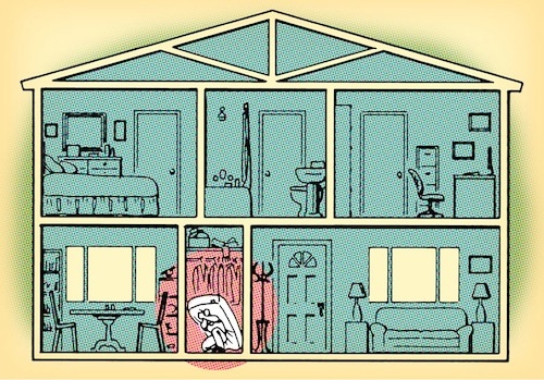 Man hiding under mattress house cutaway diagram survive tornado.