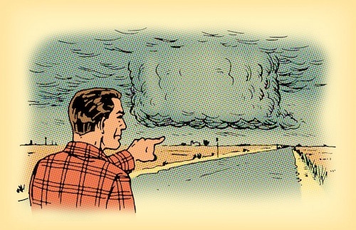 Man pointing to wall cloud illustration survive tornado.