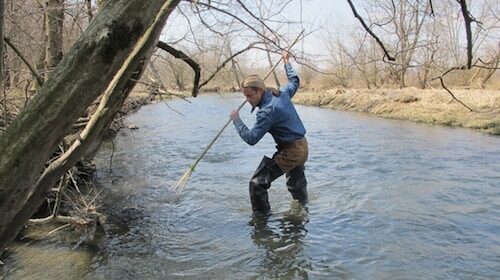 A small man wading through a river with a stick, utilizing a primitive small game hunting gig.
