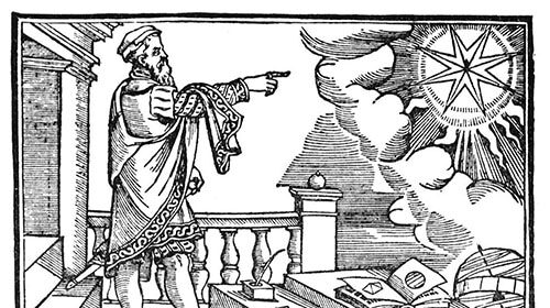 A drawing portraying a man skillfully pointing at a compass, embarking on his first key to discover and pursue his life's task.