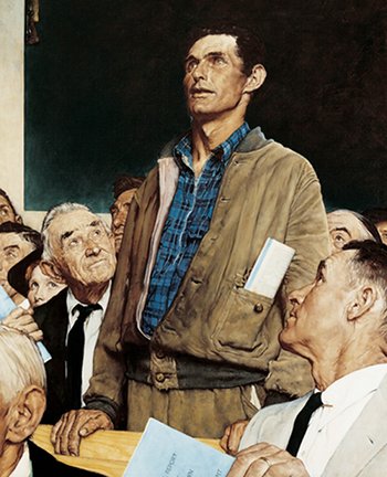 Vintage man standing up in community meeting painting.