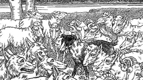 A black and white illustration of a group of sheepdogs.