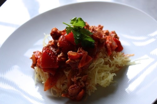 Turkey Bolognese and spaghetti squash served.