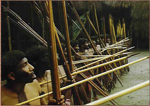 Yanomamo tribesman war party longbows and spears.
