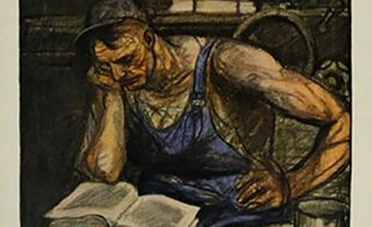 A drawing of a man reading a book.