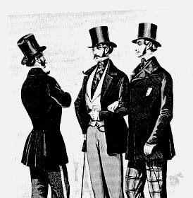 A group of gentlemen dressed in tuxedos and top hats, captured in a captivating black and white illustration.