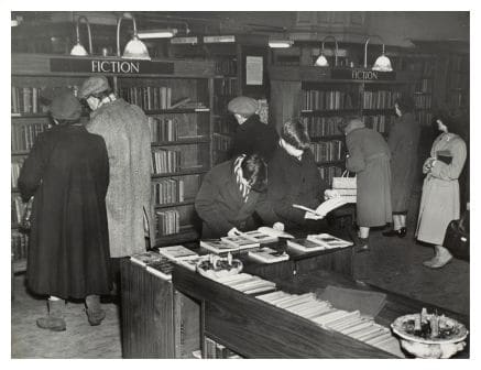 Vintage bookstore library customers milling around. 