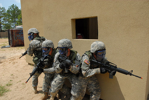 Us army soldiers training with airsoft rifles.