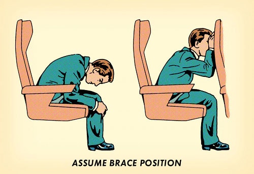 Man assuming brace position in airplane seat illustration.