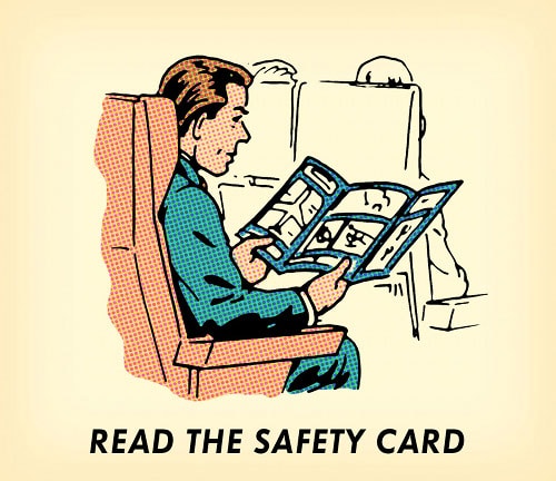 Man on airplane reading safety card illustration.