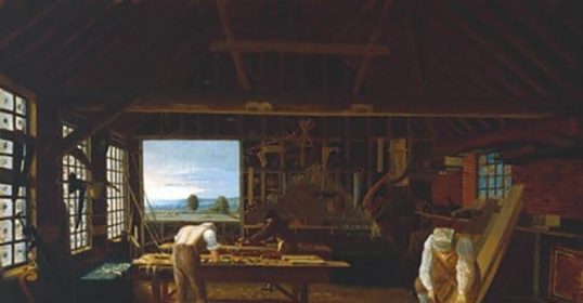 A painting of two men embodying the Craftsman Ethos in a workshop setting.