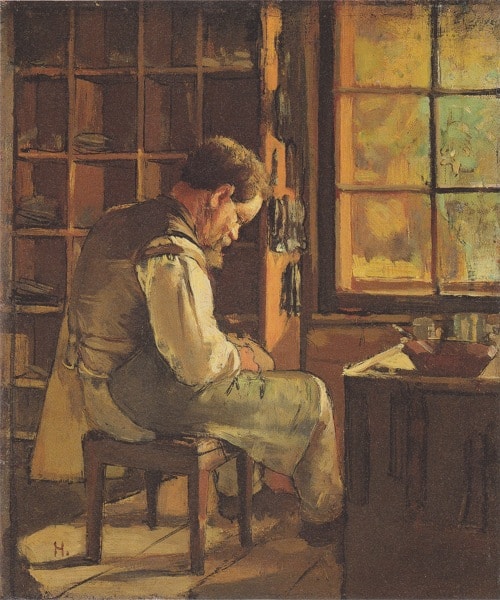 Painting illustration of cobbler working on pair of shoes.