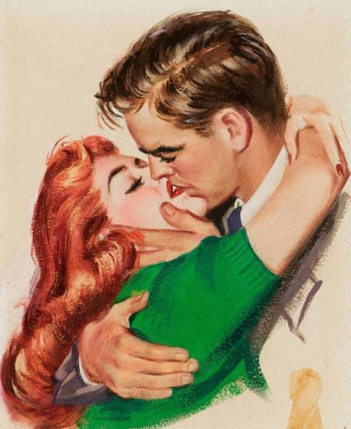 Vintage illustration couple kissing passionately.