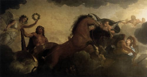 A painting depicting the Hero's Journey, as a man courageously rides a horse through the ethereal expanse of clouds.