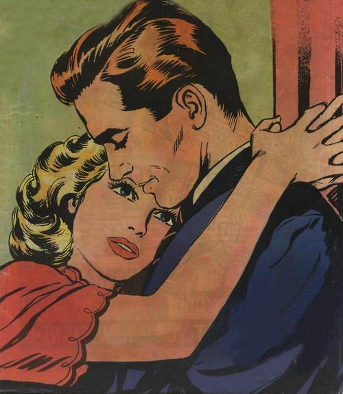 Vintage illustration woman hugging man around the neck.