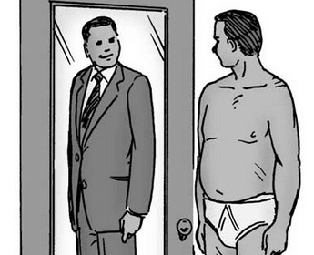 A cartoon of a large man in a suit receiving style tips while looking into a mirror.