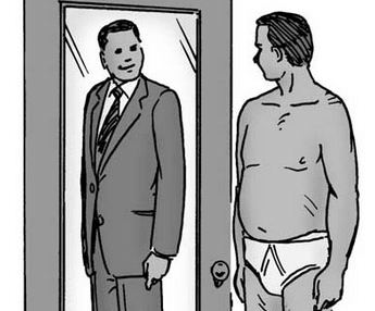 A cartoon of a large man in a suit receiving style tips while looking into a mirror.