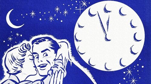 A couple embrace in an intimate moment, with a clock subtly visible in the background.