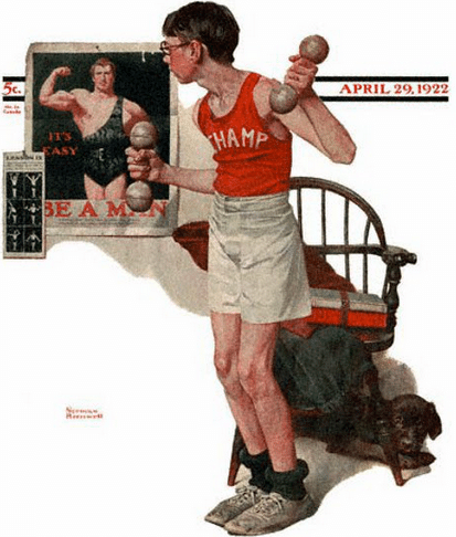 Vintage illustration artwork skinny boy working out.