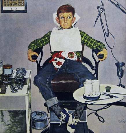 Vintage boy at dentist illustration.