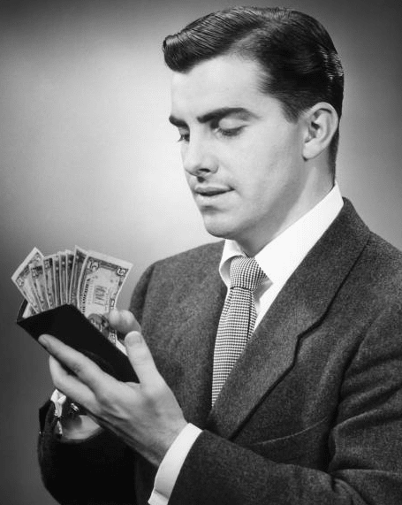 Vintage man counting money cash in wallet.